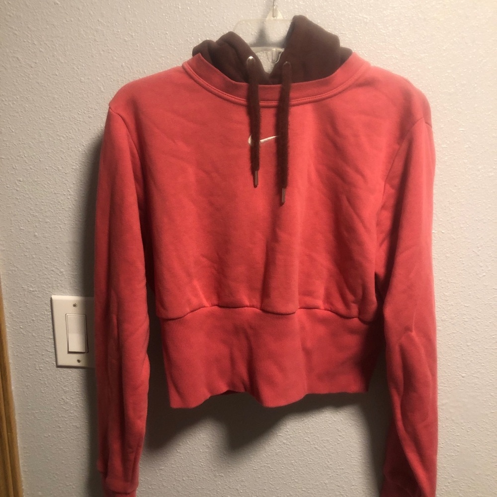 Nike Coral Pink Cropped Hoodie with Brown Contrast Hood